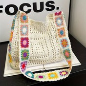 Resim 1 adet Şık Crochet Omuz Çantası - Kadınlar için Büyük Kapasiteli Tote, Renkli Çiçek Örgüsü, Beyaz Polyester, Kapanma Yok, Sabit Askılar, Yaz Plajı ve Günlük Durumlar için İdeal, Plaj Aksesuarı|Çiçek Örgüsü Çanta|Dayanıklı Omuz Askısı 