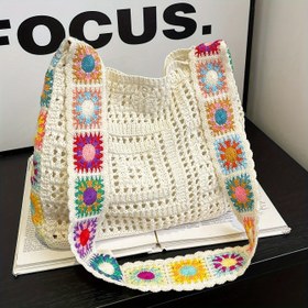 Resim 1 adet Şık Crochet Omuz Çantası - Kadınlar için Büyük Kapasiteli Tote, Renkli Çiçek Örgüsü, Beyaz Polyester, Kapanma Yok, Sabit Askılar, Yaz Plajı ve Günlük Durumlar için İdeal, Plaj Aksesuarı|Çiçek Örgüsü Çanta|Dayanıklı Omuz Askısı 