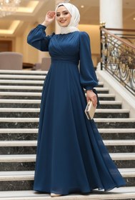 Resim N.S NEVA STYLE Drape Detaylı Lacivert Tesettür Abiye Elbise 4823L 