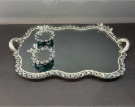 Resim Dekoratif Kristal Cam Ayna Bulut Sunum Tepsisi Gümüş 