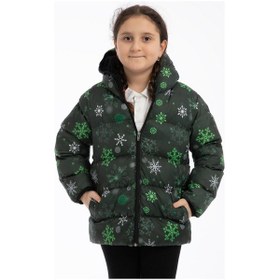 Resim Spor Kız Çocuk Dijital Desen Polar Su Ve Rüzgar Geçirmez Kapüşonlu Şişme Kışlık Mont-199 YESIL 