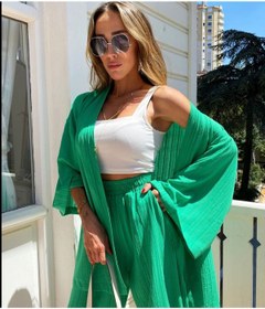 Resim Genel Markalar Gofre Kumaş Kadın Kimono Takım - Yeşil 