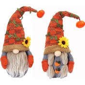Resim Yaleker Sonbahar Dekorasyon İçin 2'li Yüzsüz Cüce Bebek Seti - Turuncu Şapkalı, Kabak Ve Ayçiçeği Desenli, 34cm 