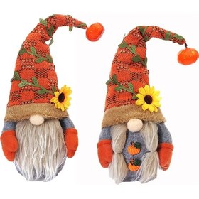 Resim Yaleker Sonbahar Dekorasyon İçin 2'li Yüzsüz Cüce Bebek Seti - Turuncu Şapkalı, Kabak Ve Ayçiçeği Desenli, 34cm 
