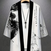 Resim Erkekler için Vintage Tarzı Baskılı Kimono Hırka - Rahat Gevşek Kesim, %100 Polyester, Siyah ve Beyaz Mürekkep Yıkama Tasarımı, Yazlık Hafif Ceket ile Bereketli Takılar, Nefes Alabilen Giysi | Şeffaf Olmayan Malzeme 