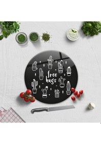 Resim Decorita Cam Kesme Tahtası | Free Hugs - Siyah Fon | Çap32 