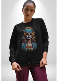 Resim Hippie Cesur Stil Dövmeli Kız Unisex Siyah Baskılı Sweatshirt Siyah 