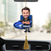 Resim Mavi Spor Araba ve Yakışıklı Karikatürlü Araba Süsü 