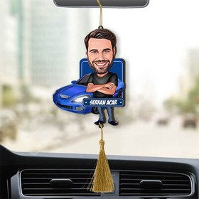 Resim Mavi Spor Araba ve Yakışıklı Karikatürlü Araba Süsü 