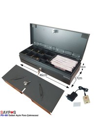 Resim Kolay Açma Butonlu Flip Top Para Çekmecesi Anahtarlı Üstü Açılır Metal Para Kasası 46x17x10cm 
