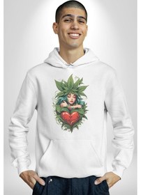 Resim Kalp Parmak Kız Yeşillik Mutluluk Kadın Erkek Beyaz Kapüşonlu Sweatshirt Hoodie Beyaz 