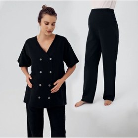 Resim Keten Kısa Kol Oversize Hamile Gömlek Ayarlanabilir Yüksek Bel Pantolon Takım K701 - Siyah / XL 