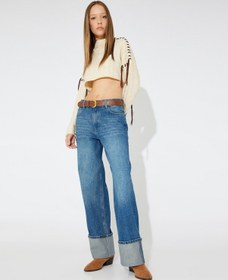 Resim Koton Koton X Zeynep Bastık - Katlama Paça Detaylı Düz Paça Kot Pantolon - Longer Straight Jeans Orta İndigo 5wal40213md İndigo 