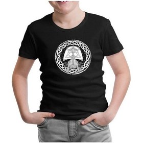 Resim A Viking Longship İn A Celtic Knot Siyah Çocuk Tshirt 001 