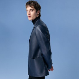 Resim Auburn Mavi Erkek Deri Blazer Ceket 