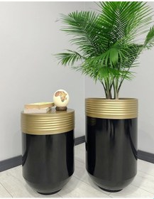 Resim Elegant Dekoratif Eskitme Darbuka Parlak Siyah Saksı 70cm + Sehpa 60cm İkili Set 