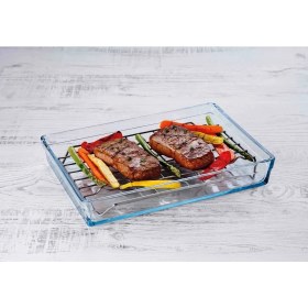 Resim Paşabahçe Arda Türkmen Premium Dikdörtgen Borcam Cam Tepsi 36,7 cm x 25,7 cm Çelik Tel Izgaralı 
