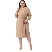 Resim Büyük Beden Kruvaze Yaka Truvakar Kol Pileli Midi Vizon Elbise Vizon 