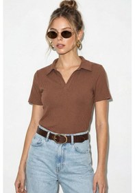 Resim Shade Kadın Fitilli Polo Yaka Kısa Kollu Basic T-shirt 60382602 - Kahve 