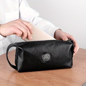 Resim Erkekler için Siyah Sentetik Deri Fermuarlı Cüzdan - Günlük Kullanım için Şık Tasarım, Tablet Bölmeli, Günlük Tarz, Yıkanamaz 