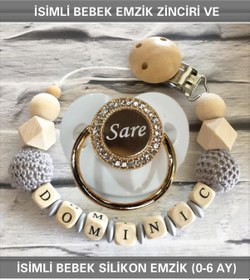 Resim Sahi Aksesuar İsimli Bebek Emzik Zinciri ve Bebek Silikon Emzik BEZYI230 Bej - Pembe 