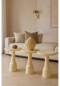 Resim Ahşap Mantar Sehpa 3 Lü Set Krem Renk Doğal Zigon Fiskos Takımı Bej 