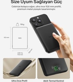 Resim Belkin BoostCharge Manyetik Power Bank 5000 mAh, Manyetik Halka ve USB-C Porta Sahip İnce Taşınabilir Şarj, iPhone, Galaxy, Pixelsnap, iPad ve Tablet için Batarya Paketi, USB-C Kablo Dahil, Siyah 