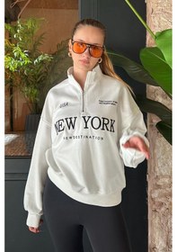 Resim Madmext Ekru Yarım Fermuarlı Baskılı Sweatshirt Mg2240 Ekru 