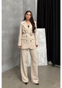 Resim Kadın İkili Blazer Ceket Pantolon Takım Aksesuar Ve Düğme Detaylı Bol Paça Bej 