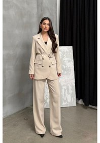 Resim Kadın İkili Blazer Ceket Pantolon Takım Aksesuar Ve Düğme Detaylı Bol Paça Bej 