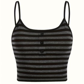 Resim Kadınlar için Çizgili Slim Fit Tank Üst, Casual Stil, Polyester Örgü Kumaş, Spagetti Askılar, İlkbahar/Yaz/Sonbahar, Sahte Düğme Detayı, Hanımların Yelek 