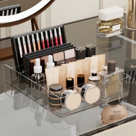 Resim ABERZEY 7 Bölme Şeffaf Plastik Makyaj Organizatörü - Taşınabilir Ruj ve Göz Farı Tutucu, Banyo Gereksinimleri için Kozmetik Depolama Tepsisi, Dayanıklı ve Hafif Tasarım, Banyo Organizatörleri ve Depolama, Şeffaf Tasarım, Sağlam Yapı 