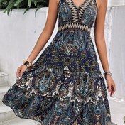 Resim Retro Paisley Desenli Katmanlı Fırfır Etek Tatil Elbisesi 