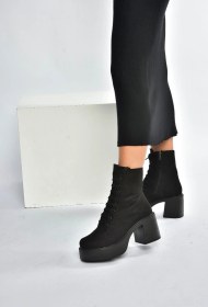 Resim Fox Shoes V726681502 Siyah Süet Kalın Topuklu Bağcıklı Kadın Bot Siyah-Süet 