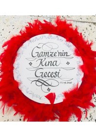 Resim İsim Yazılı Gelin Tefi, Tüylü, Zilli Deri Def Kına Gecesi, Kırmı 