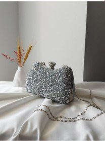 Resim Vivazzaluxe Kristal Taşlı Kadın Abiye, Clutch Çanta Gümüş 