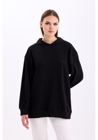 Resim Pastelastore Pamuklu Kapüşonlu 2 İplik Baharlık Oversize Sweatshirt Siyah 