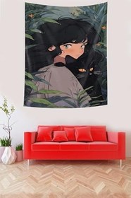 Resim Pelangi Kız Ve Kara Kedi Leke Tutmaz Kumaş Duvar Örtüsü Duvar Halısı Tapestry PNTR350, 70 x 70 