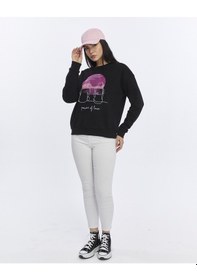 Resim Kadife Gün Batımı Desenli Siyah Yumuşak Dokulu Regular Fit Bisiklet Yaka Kadın Sweatshirt Siyah 
