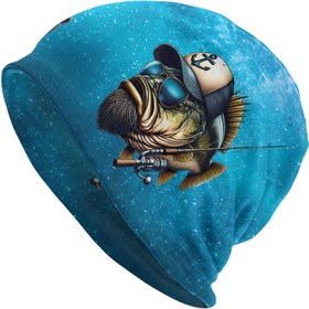 Resim 1pc Funky Stil Erkekler Novelty Beanie Şapka, Bass Fish & Olta Baskısı, Örgü Polyester 95% Spandex 5% Esnek, Şık Başlık Olta Meraklıları İçin 
