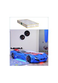 Resim Arabalı Yatak, Mercedes Rüzgarlıklı Full Ledli Arabalı Yatak - Mavi + 1 Adet Comfort Yatak 