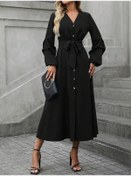 Resim Kadın Uzun Kollu Derin V Yakalı Belden Kuşaklı Önden Düğmeli Janjan Krep Elbise Çok renkli 