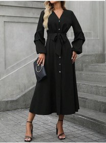 Resim Kadın Uzun Kollu Derin V Yakalı Belden Kuşaklı Önden Düğmeli Janjan Krep Elbise Çok renkli 