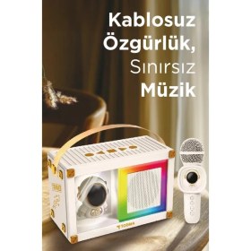 Resim Torima Bluetooth Hoparlör Rgb Işıklı Mikrofonlu Karaoke Astronot Figürlü Speaker KIDMIC-06 Beyaz 