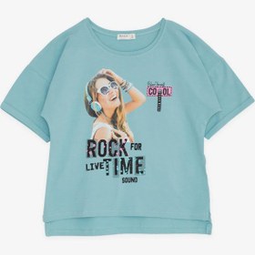 Resim Kız Çocuk Tişört Havalı Rockçı Kız Baskılı , Mint Yeşili 
