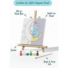 Resim Ay Üzerinde Uyuyan Fil Temalı Çocuk Boyama Tuvali Şövaleli Eğitici Boyama Seti 20x20 Cm 