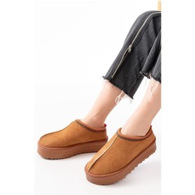 Resim Ndr-2888 Taba Süet İçi Kürklü Kışlık Kapalı Burun Kadın Günlük Terlik Beyaz 