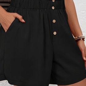 Resim Plus Size Düğmeli Geniş Bacaklı Şort, Rahat Eğimli Cepli Elastik Bel Şortu, Kadınların Büyük Beden Giyimleri 