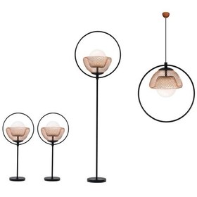 Resim Lenor Koleksiyonu 4'lü Aydınlatma Seti 1 Sarkıt, 1 Lambader, 2 Abajur Bakır 