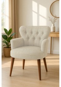 Resim Azra Mobilya Krem Keten Kumaş Tekli Koltuk Berjer - Cafe Koltuğu - Bekleme Koltuğu - Ceviz Ayak Krem 